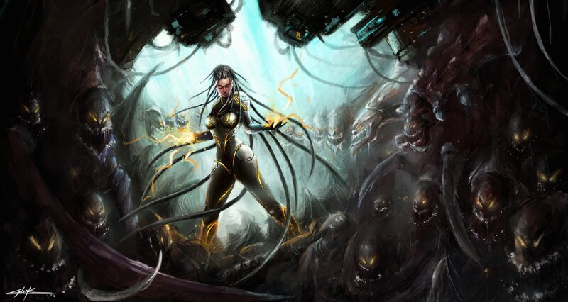 female warrior in dark cavern