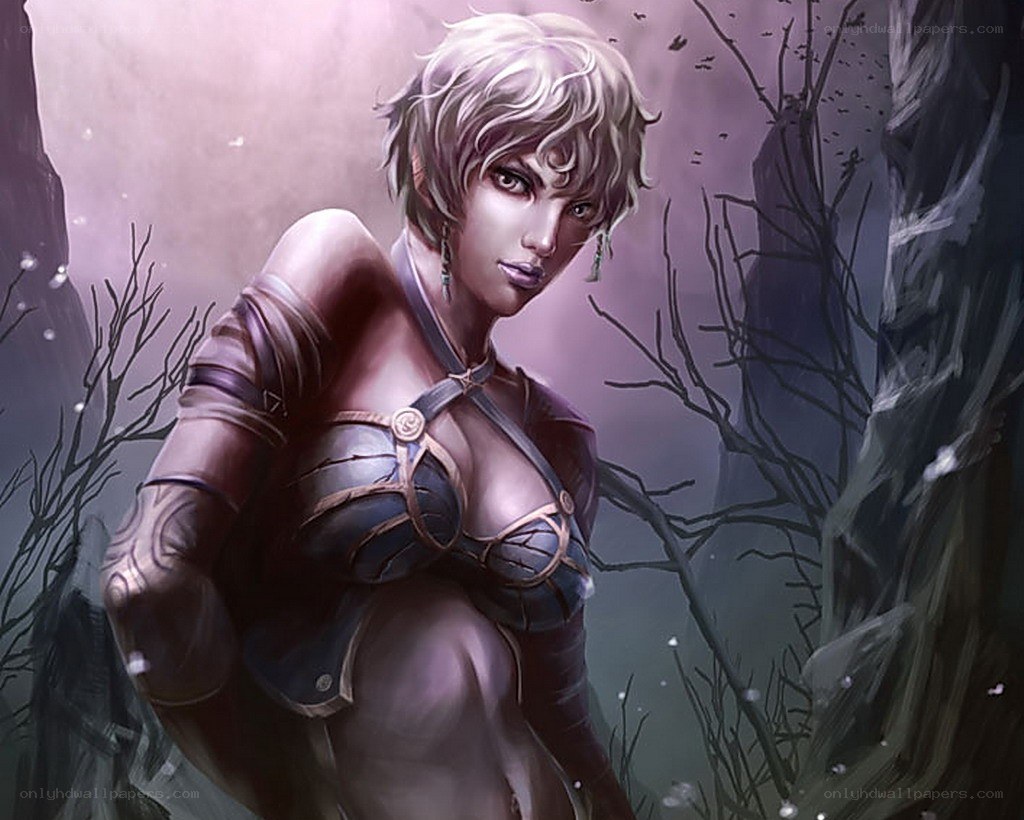 female warrior in dark forest