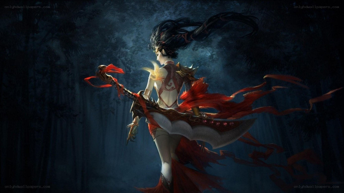 female warrior in dark forest