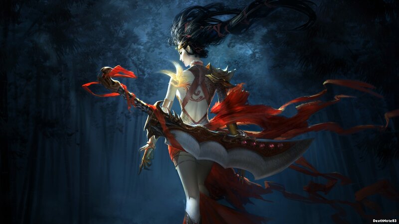 female warrior in dark forest