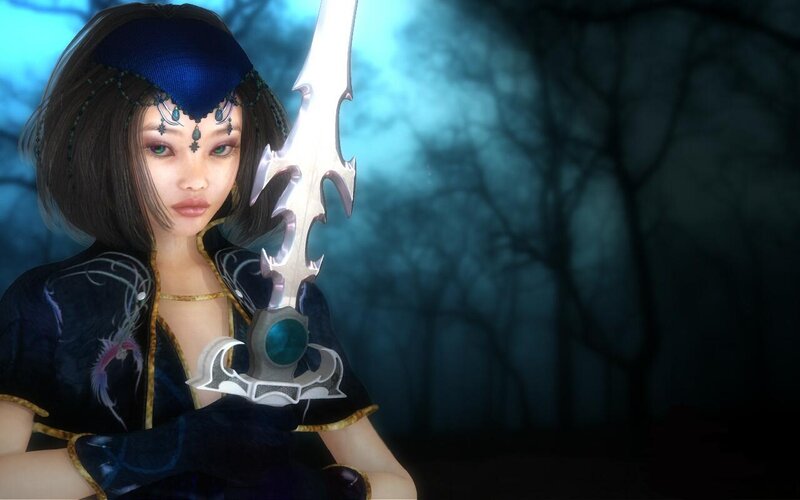 female warrior in dark forest