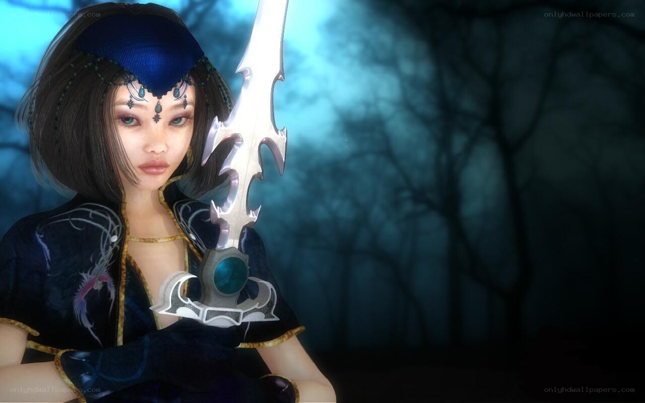 female warrior in dark forest