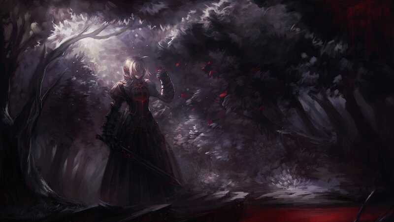 Female Warrior in Dark Forest — Black, Dramatic, Night