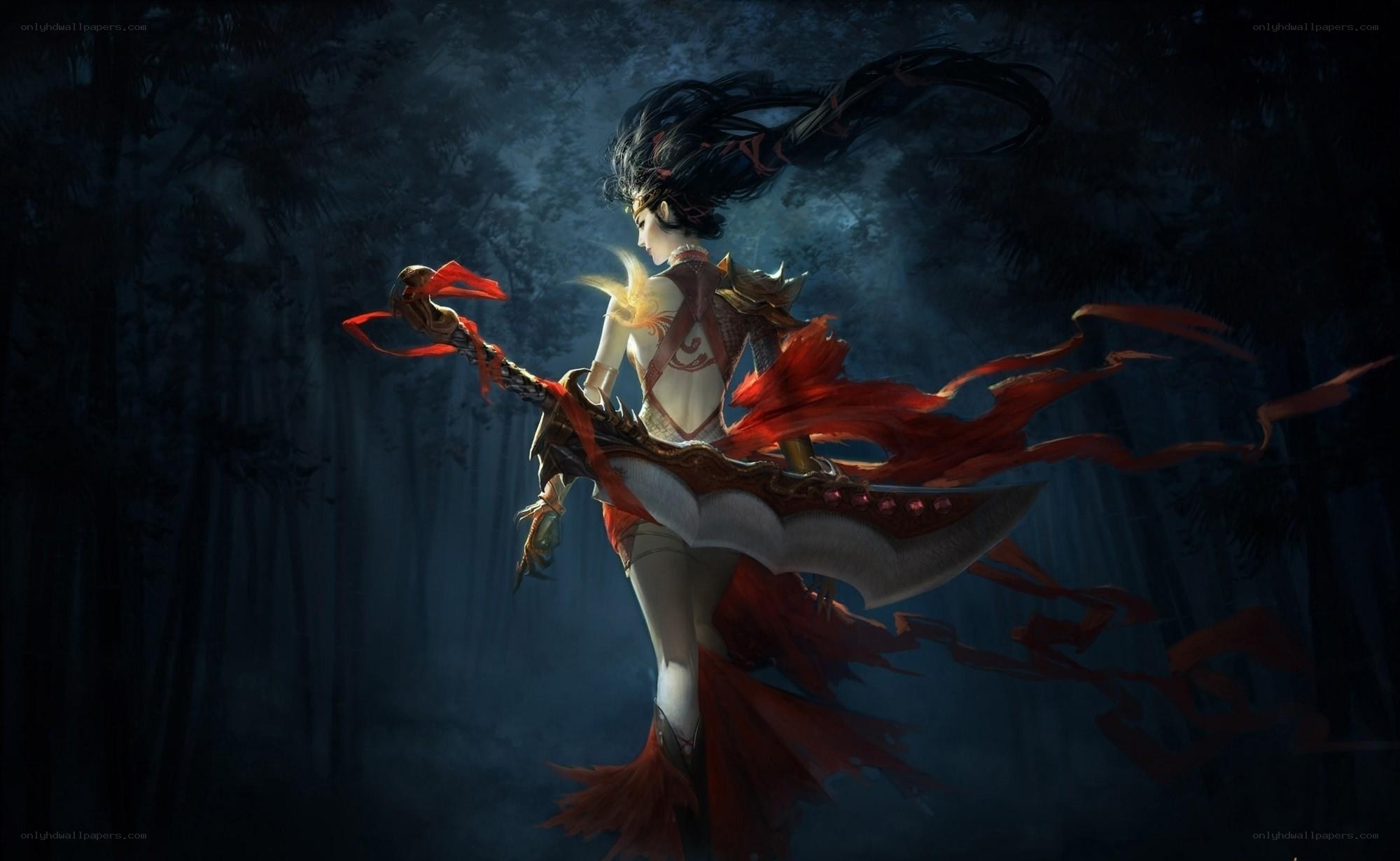 female warrior in dark forest