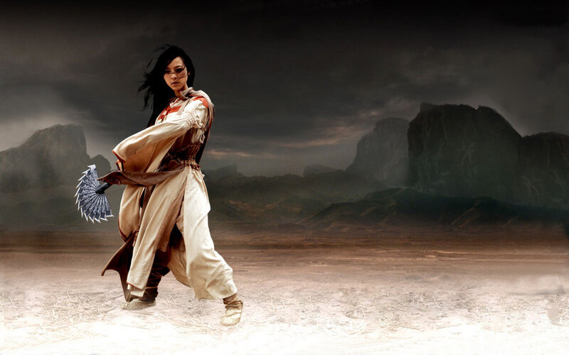 female warrior in desert landscape