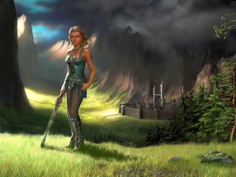 female warrior in fantasy landscape