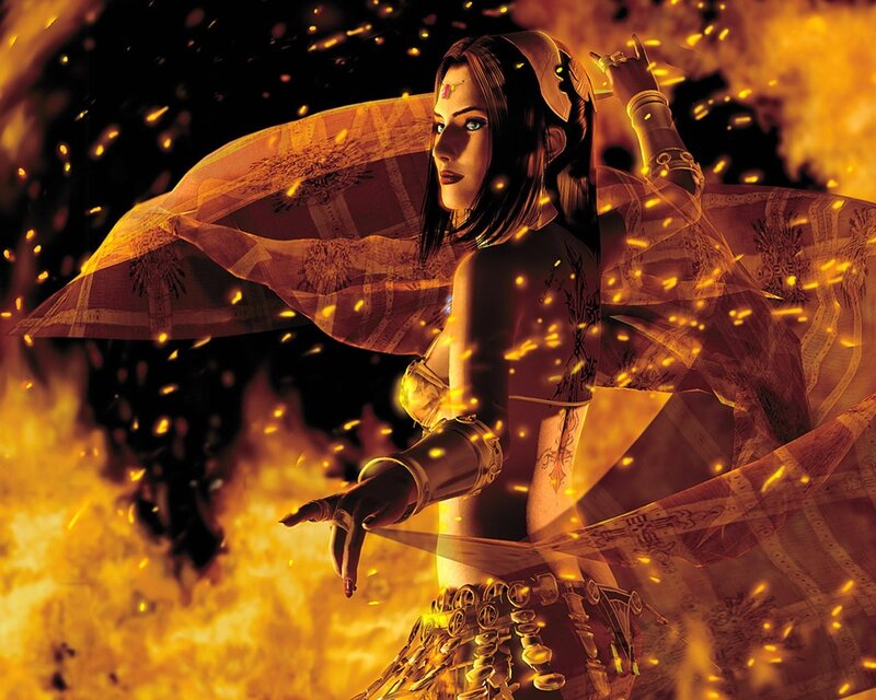 female warrior in fiery battle