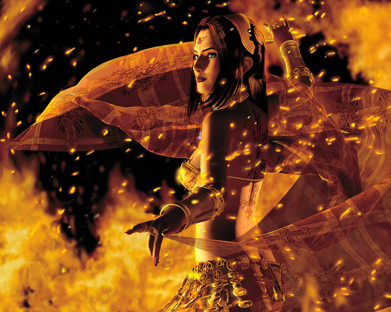 female warrior in fiery battle