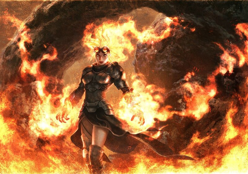 female warrior in fiery tunnel
