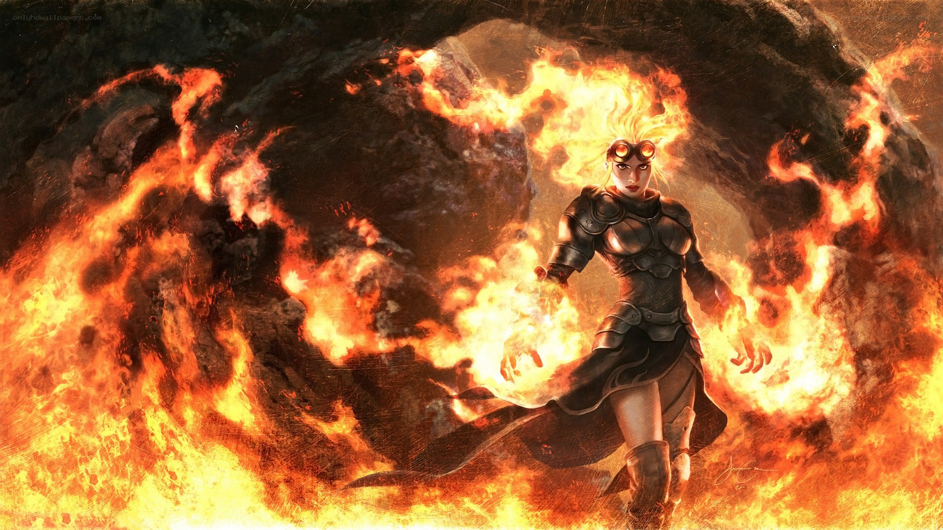 female warrior in fire