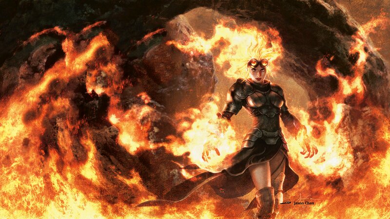 Female Warrior in Flames — Orange, Dramatic, Digital Art, Fire