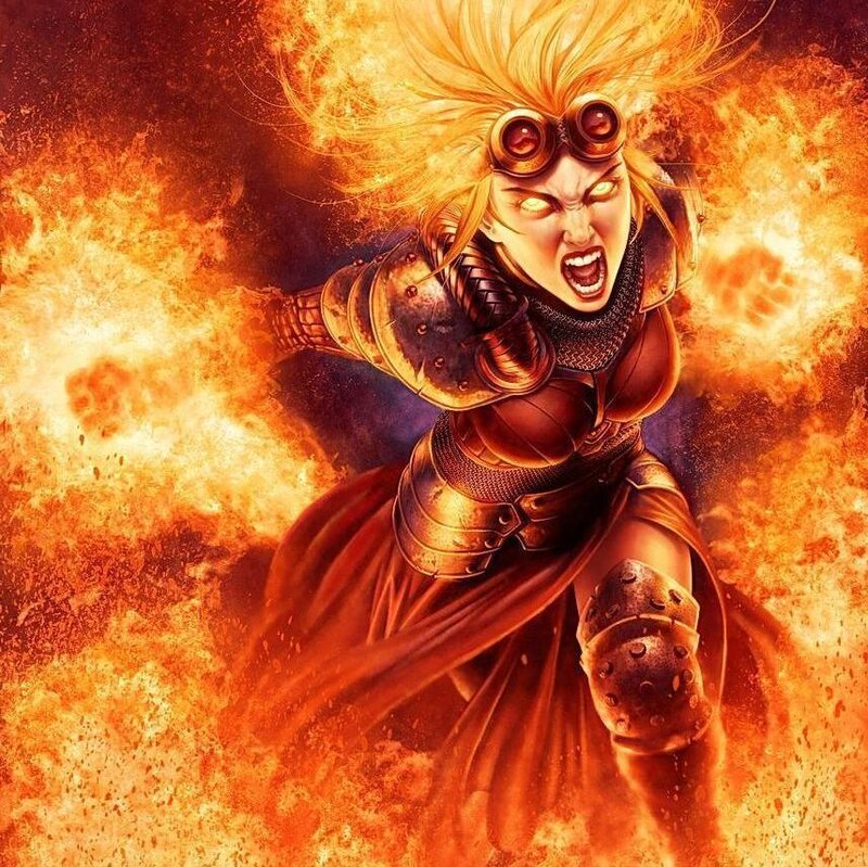 Female Warrior in Flames — Orange