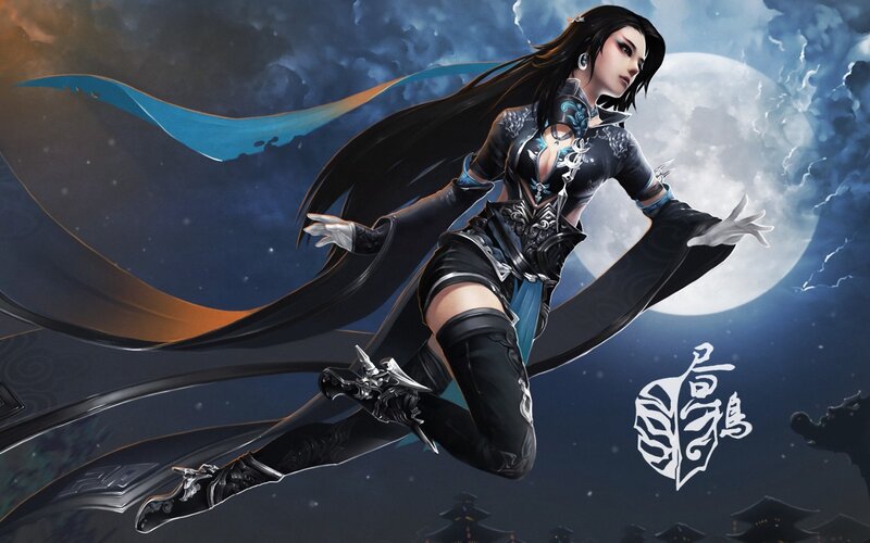 Female Warrior in Flight — Black, Dramatic