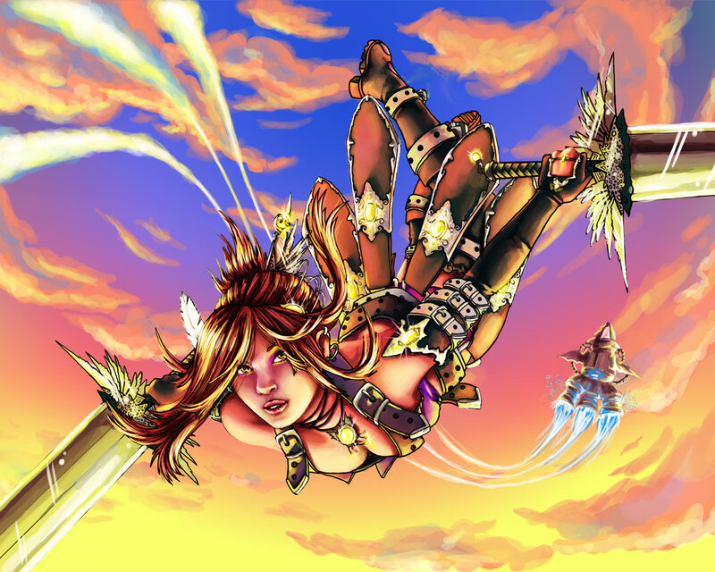 Female Warrior in Flight — Blue, Dramatic, Sunset