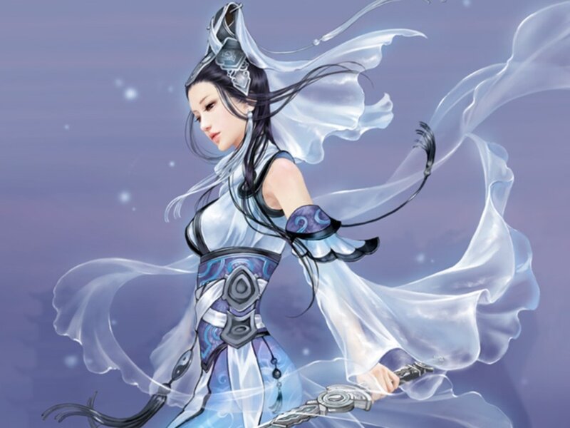 female warrior in flowing white robes