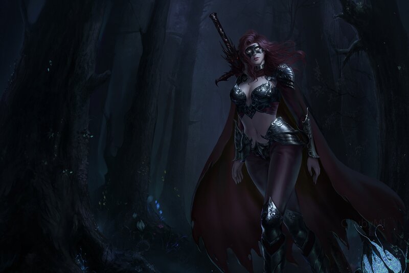 Female Warrior in Forest — Black, Dramatic, Night, Digital Art, Sword