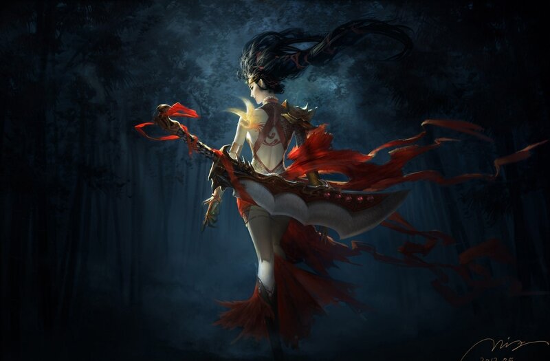 Female Warrior in Forest — Black, Dramatic, Night