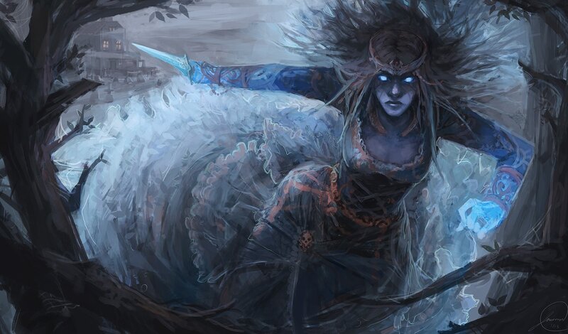Female Warrior in Forest — Blue, Dramatic, Night, Digital Art, Sword, House