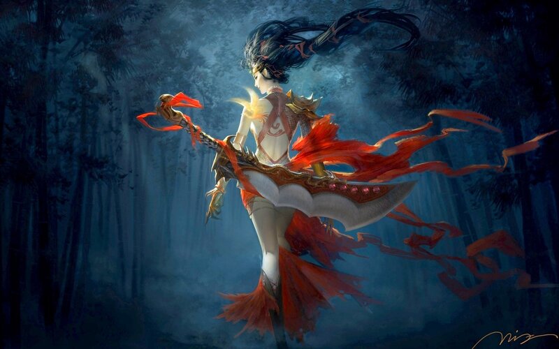 Female Warrior in Forest — Blue, Dramatic, Night, Digital Art, Sword