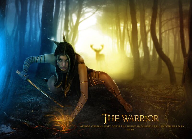Female Warrior in Forest — Blue, Dramatic, Night