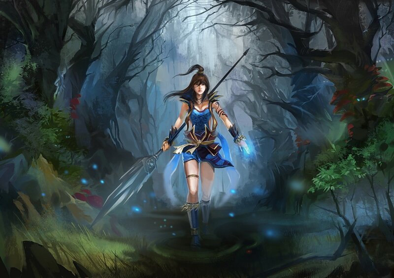 Female Warrior in Forest — Blue