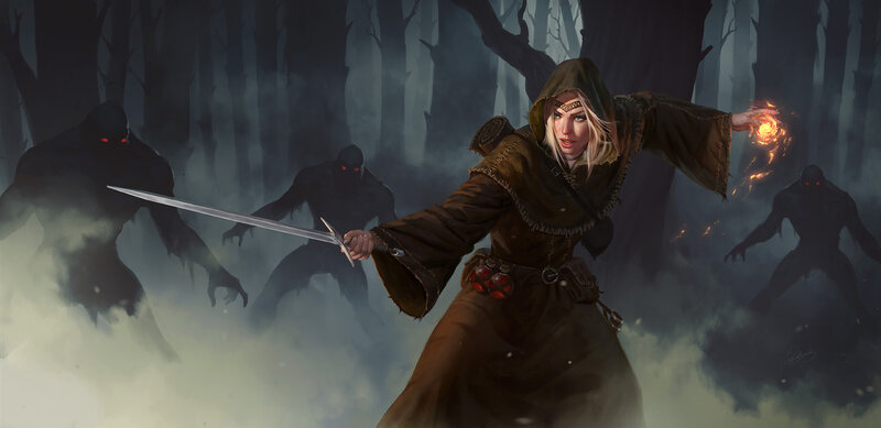 Female Warrior in Forest — Brown, Dramatic, Night