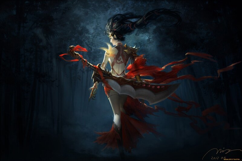 Female Warrior in Forest — Dark Blue, Dramatic