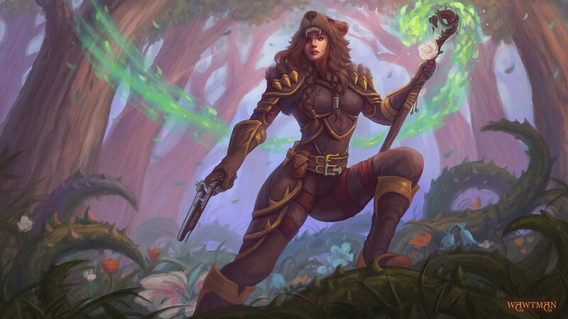 Female Warrior in Forest — Green, Dramatic, Digital Art