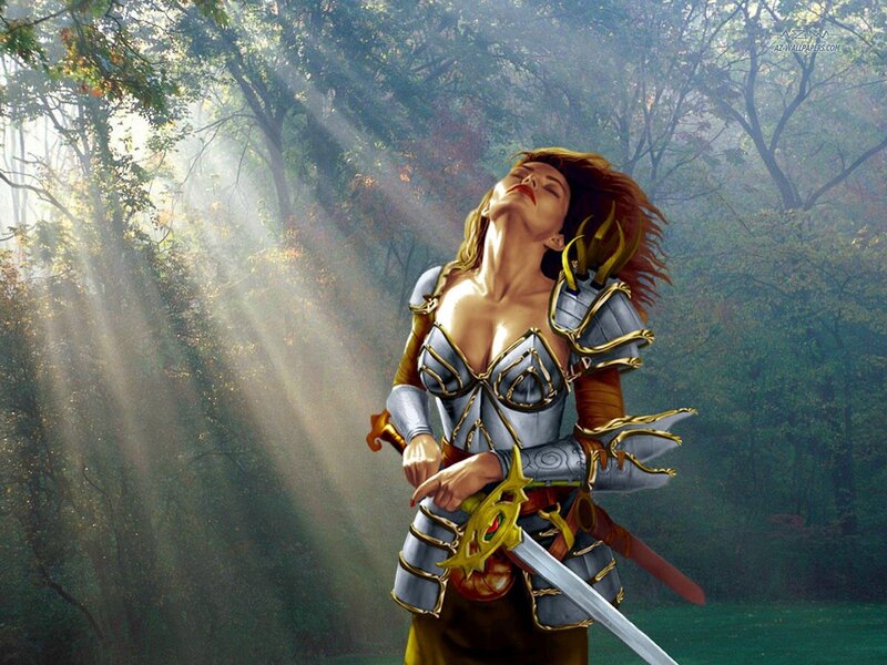 Female Warrior in Forest — Green, Dramatic, Morning, Digital Art