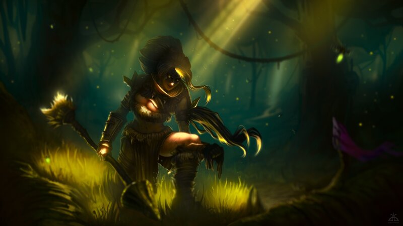 Female Warrior in Forest — Green, Dramatic, Night, Digital Art, Light Beams