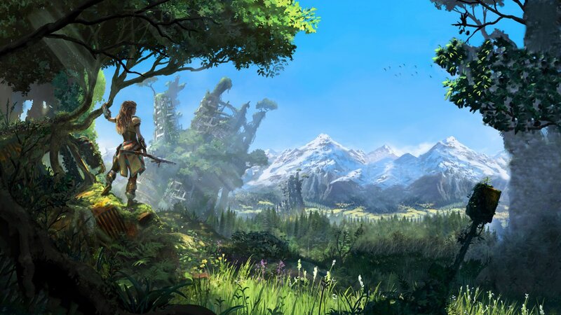 Female Warrior in Forest — Green, Serene, Afternoon, Digital Art, Mountains