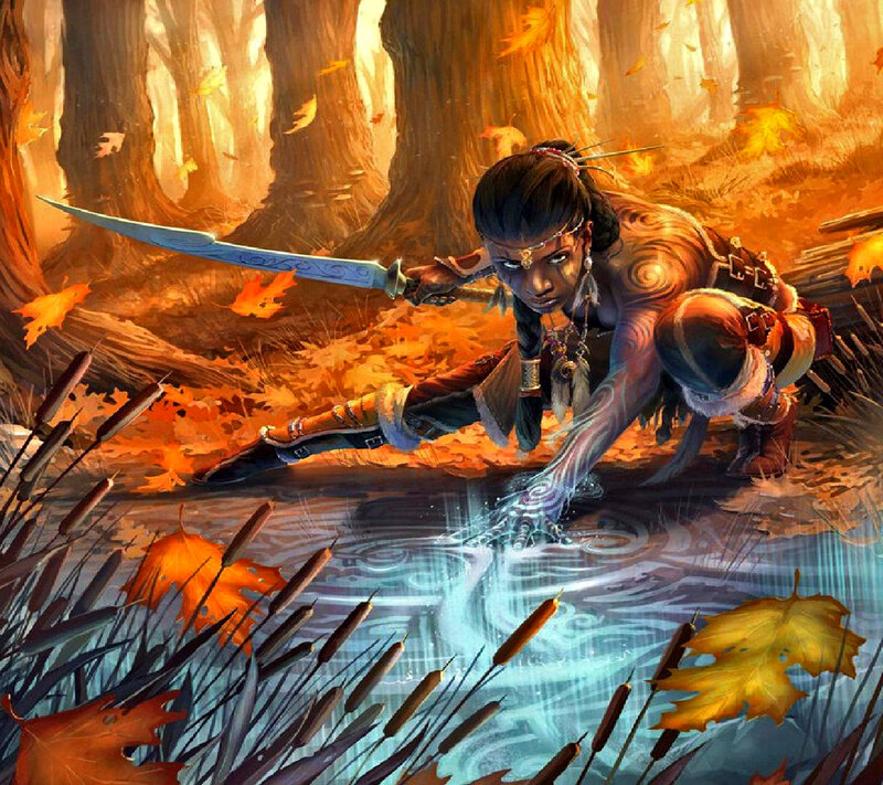 Female Warrior in Forest — Orange, Dramatic