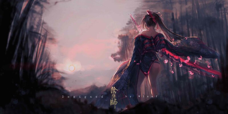 Female Warrior in Forest — Purple, Dramatic, Sunset