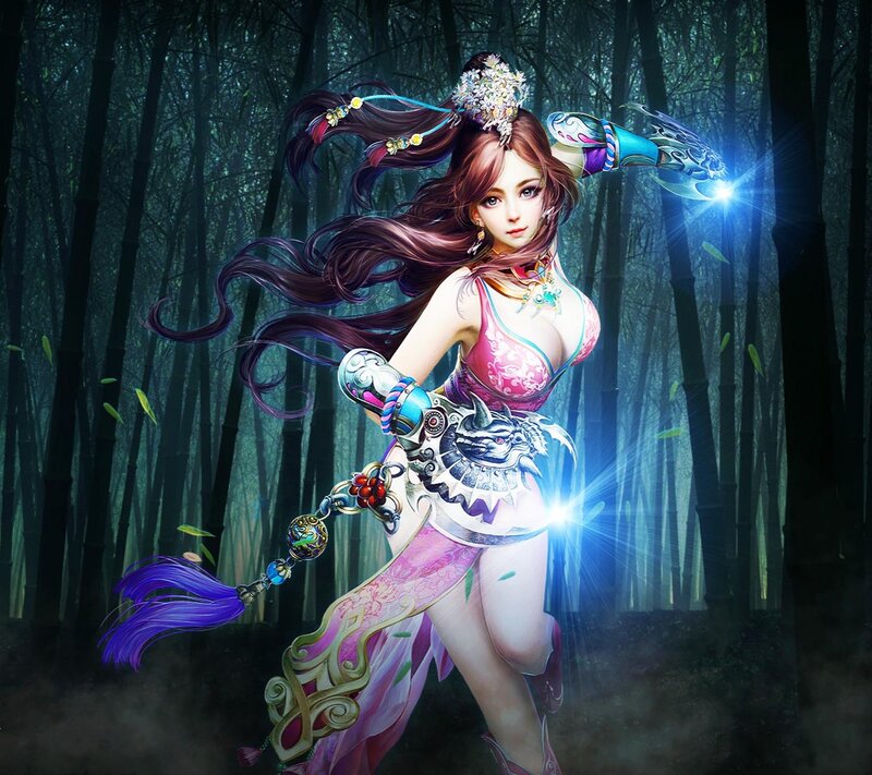 Female Warrior in Forest — Purple, Dramatic
