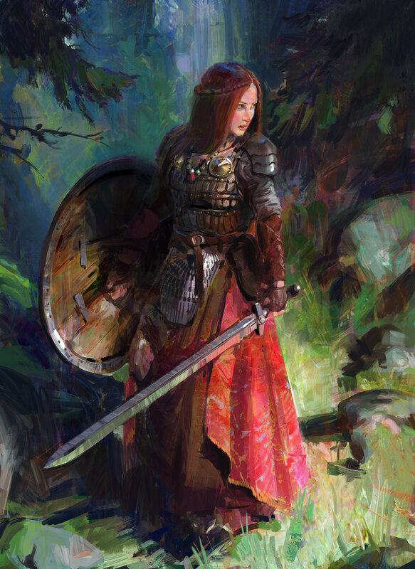 Female Warrior in Forest — Red, Dramatic, Digital Art, Sword