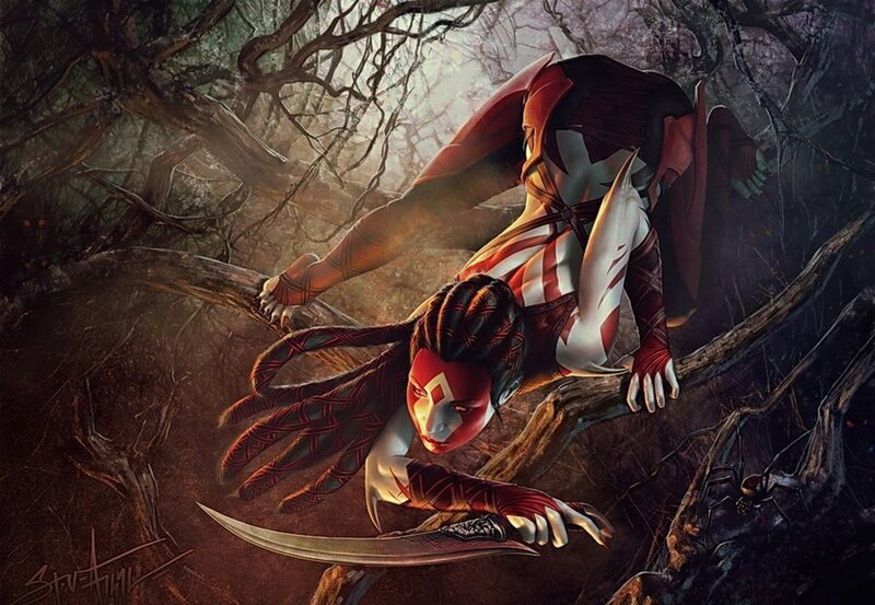 Female Warrior in Forest — Red, Dramatic, Night, Digital Art, Knife, Branches