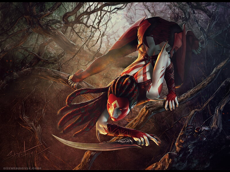 Female Warrior in Forest — Red, Dramatic, Night, Digital Art
