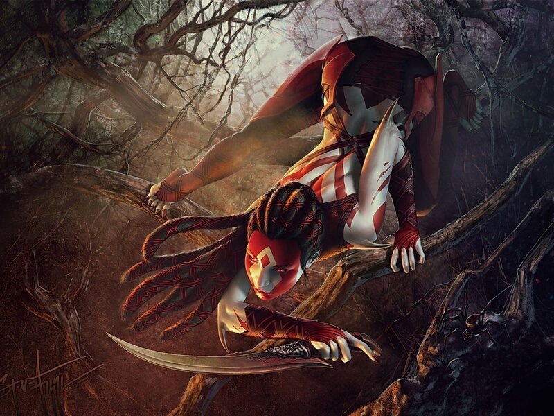 Female Warrior in Forest — Red, Dramatic, Night