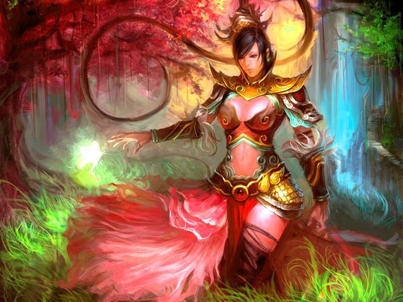 Female Warrior in Forest — Red, Dramatic