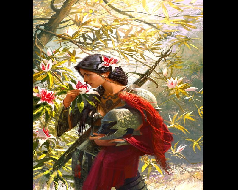 Female Warrior in Forest — Red, Serene
