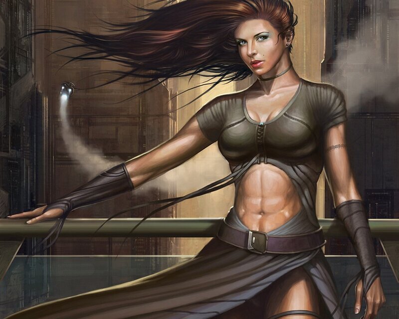 female warrior in futuristic city
