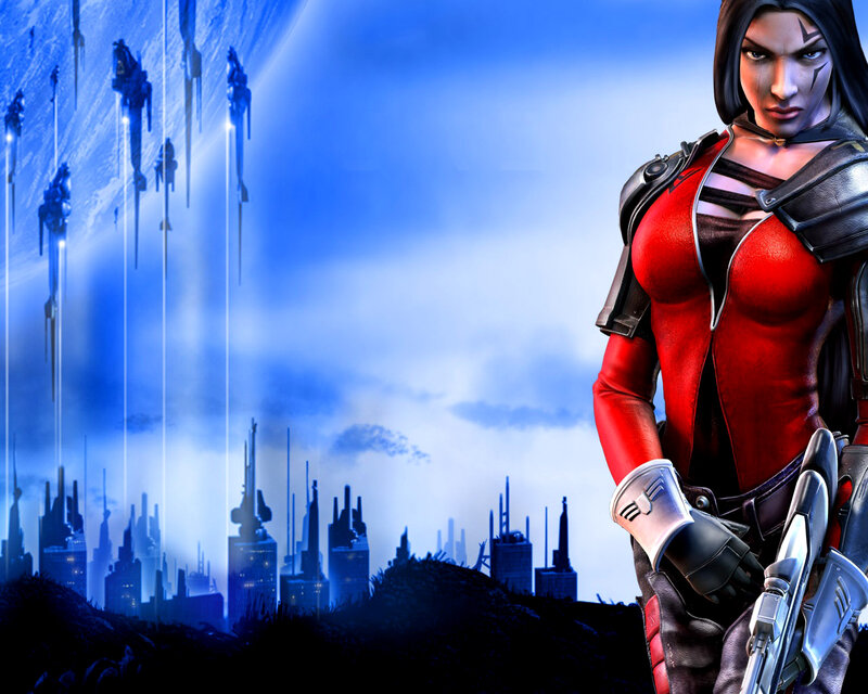 female warrior in futuristic city