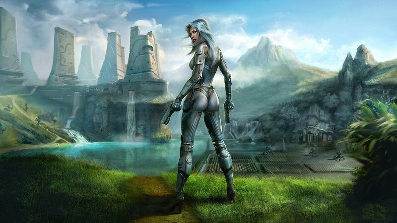 female warrior in futuristic landscape