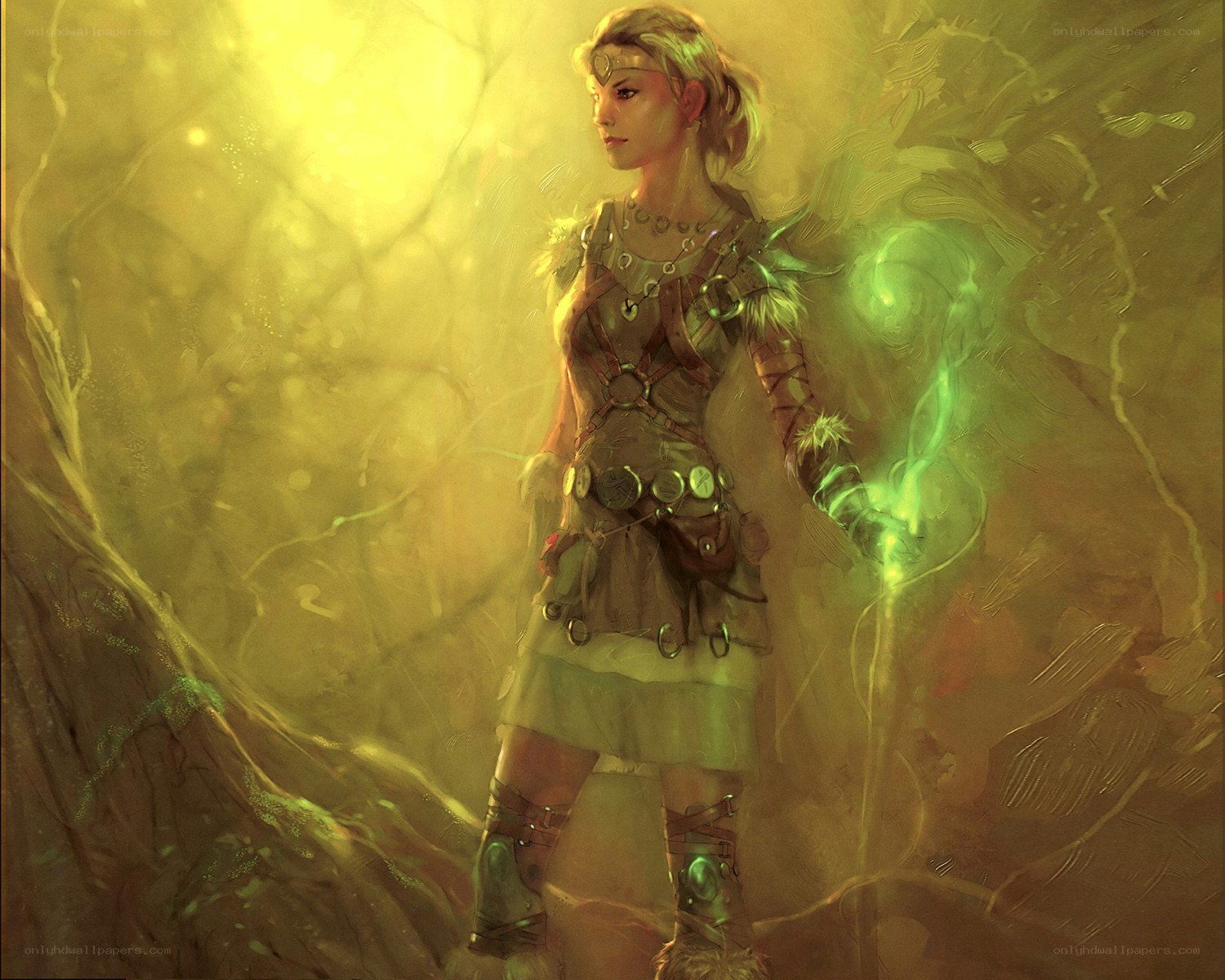 female warrior in glowing forest