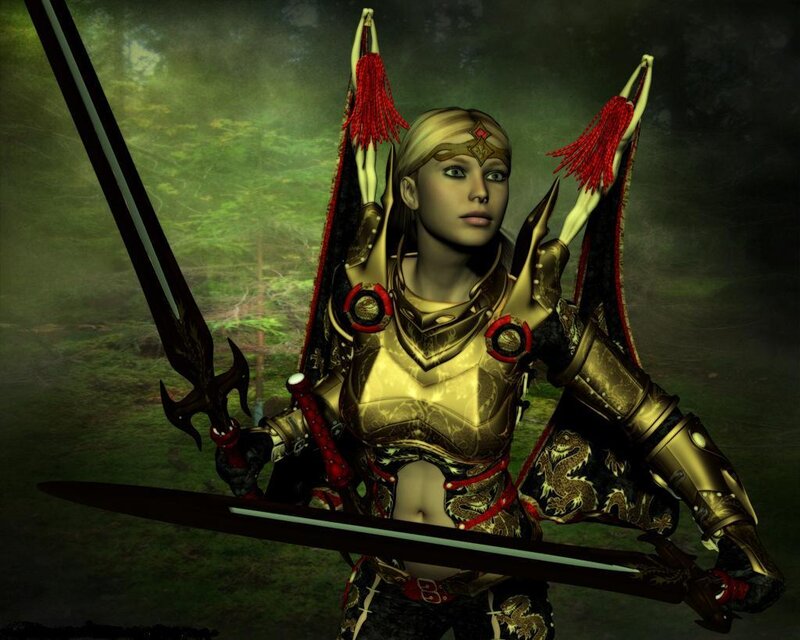 female warrior in golden armor