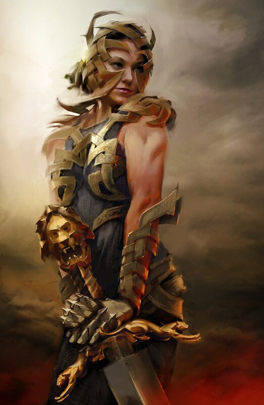 female warrior in golden armor