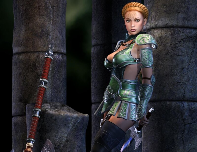 Female Warrior in Green Armor — Dramatic