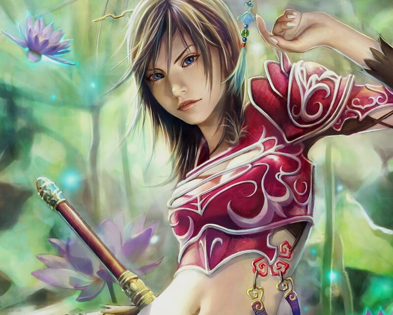 female warrior in lotus garden