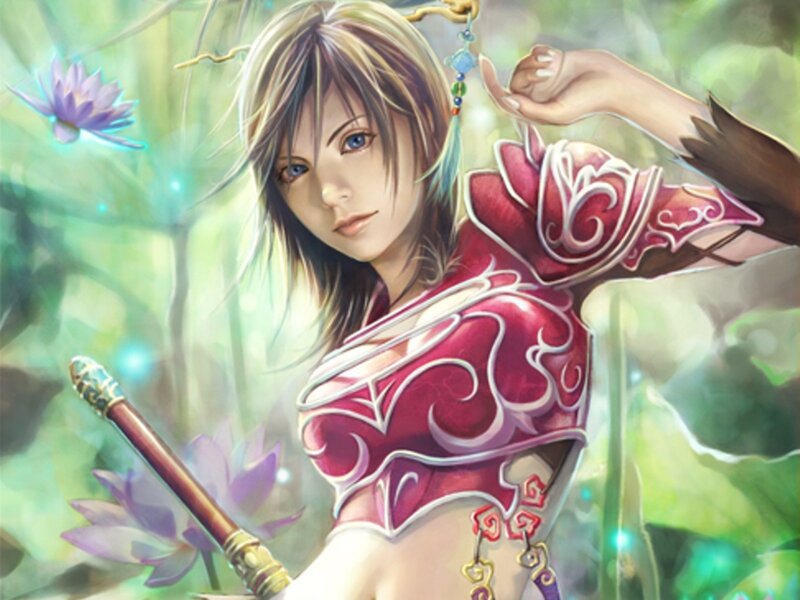 female warrior in lotus garden