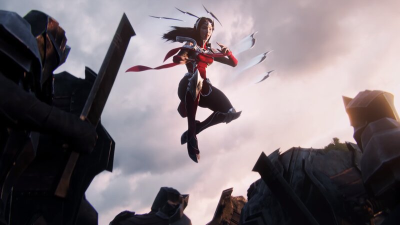 Female Warrior in Mid-air — Red